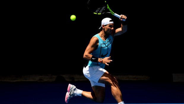 Best in the business: Rafal Nadal returning serve at practice on Sunday.