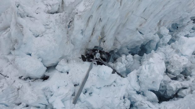 The wreckage of the helicopter which crashed killing all seven people on board in the crevasse on Fox Glacier.