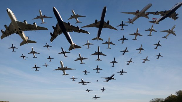 A composite photo captures planes taking off from Heathrow Airport. As many as 42 planes take off from Heathrow every hour. 