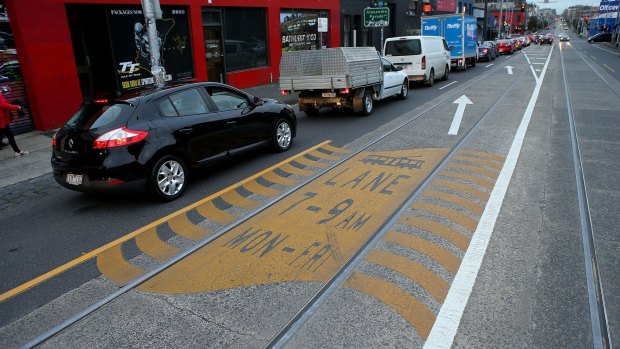 The new line markings for trams on Smith Street between Alexandra and Queens parades.