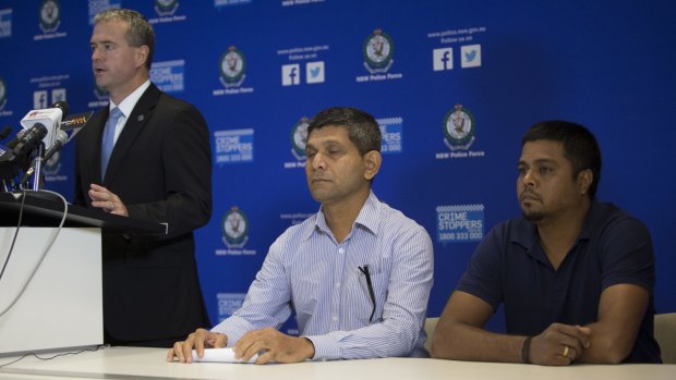 Appeal: Arun Kumar husband of stabbing victim Prabha Arun Kumar (right) and Mrs Kumar's brother Shankar Shetty (centre) with Detective Superintendent Mick Willing at a police media conference, 