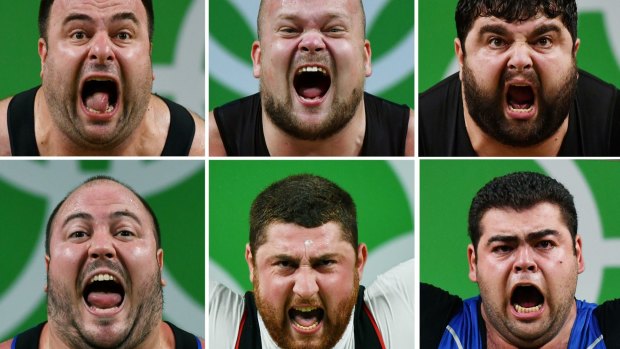 The faces behind the lifts: Almir Velagic, Mart Seim, Ruben Aleksanyan, Fernando Saraiva Reis, Lasha Talakhadze and Gor Minasyan in the weightlifting 105kg + class.