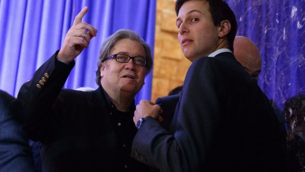 Steve Bannon, chief strategist for President-elect Donald Trump, left, talks with Jared Kushner.