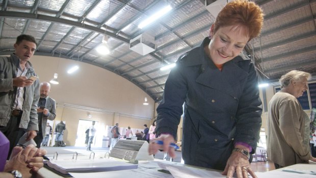 Pauline Hanson on election day at Jamboree State School in Brisbane.