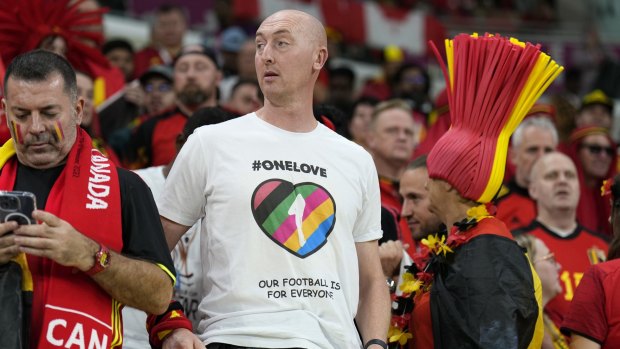 A Belgium supporter wears a T-shirt protesting Qatar's laws against homosexuality at the World Cup match between Belgium and Canada last week. 