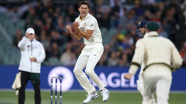 First blood: Mitchell Starc jumps for joy after dismissing Mark Stoneman.