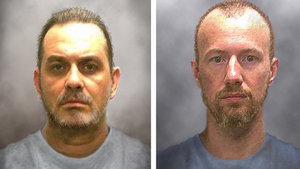 This combination of photos released by the New York State Police shows progression images of what convicted murderers Richard Matt (L) and David Sweat might look like after being on the run for ten days. 