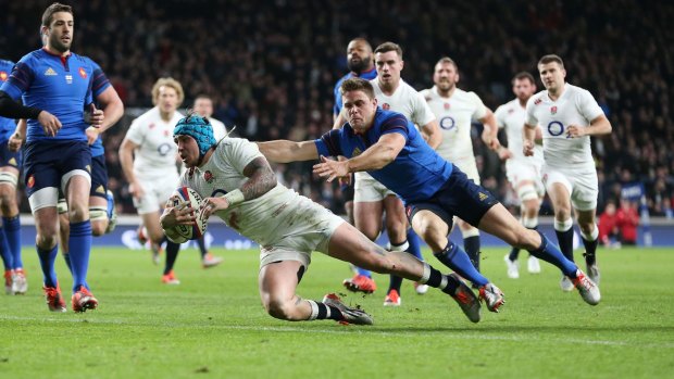 Home advantage: Jack Nowell crosses for England against France during an uncharacteristic display of attacking verve from Australia's opponent in the pool of death.