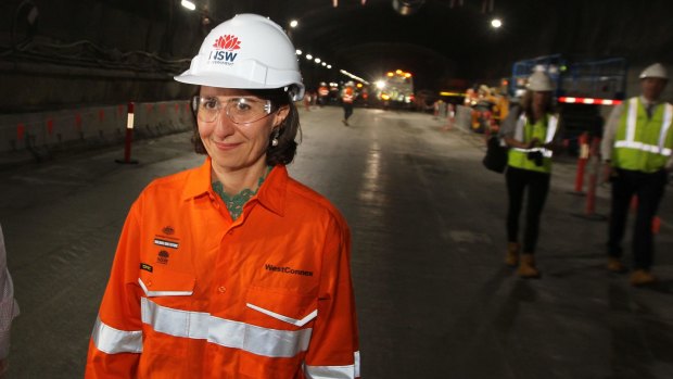 Premier Gladys Berejiklian in one of the twin M4 East tunnels. The government attributes its spending on consultants to its extensive infrastructure program.