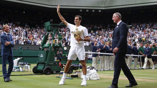 Switzerland's Roger Federer celebrates after he defeated Croatia's Marin Cilic to win the Men's Singles final match at the Wimbledon in 2017. 