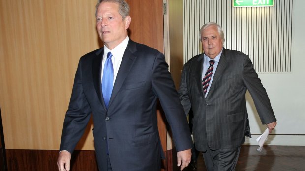 Former United States vice-president Al Gore with Clive Palmer on a previous trip to Australia in 2014.