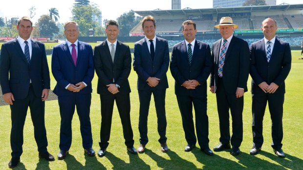 Nine's cricket commentary team at the WACA earlier this year: (from left) Shane Warne, Ian Healy, Michael Clarke, Mark Nicholas, Mark Taylor, Ian Chappell, Michael Slater.