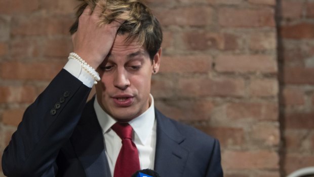 Milo Yiannopoulos gives a news conference after footage emerged of him defending sex between men and boys. 