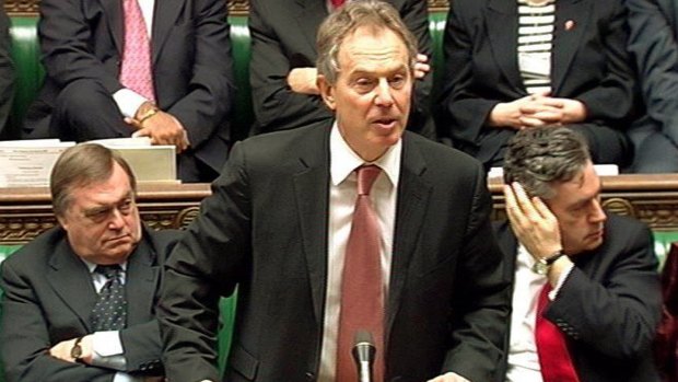 Then: British Prime Minister Tony Blair, flanked by Deputy Prime Minister John Prescott, left, and Chancellor of the Exchequer Gordon Brown, in 2007.
