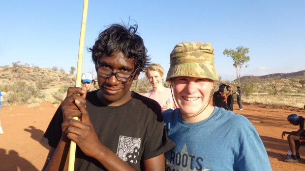 Barker College student Oliver Jones (right) and a new friend in the Alice Springs outback.