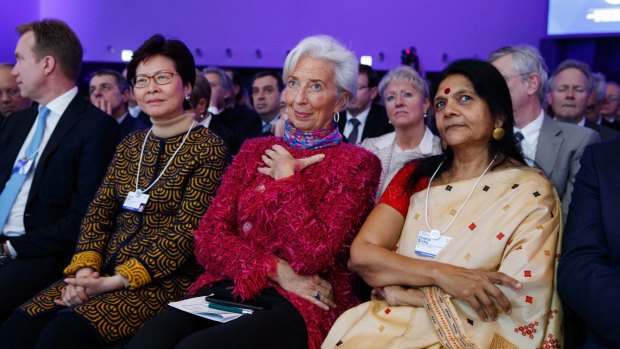 IMF Director Christine Lagarde (in red) was one of many luminaries in attendance for President Trump's speech.