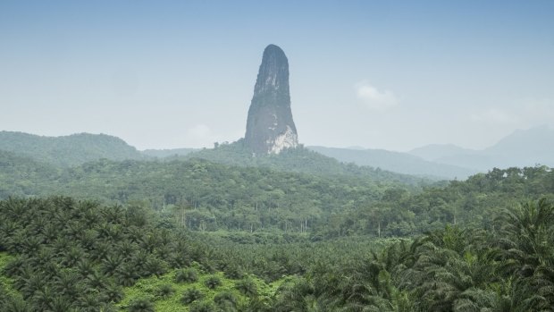 The Pico Cao Grande, a landmark needle-shaped volcanic plug peak in Sao Tome and Principe.