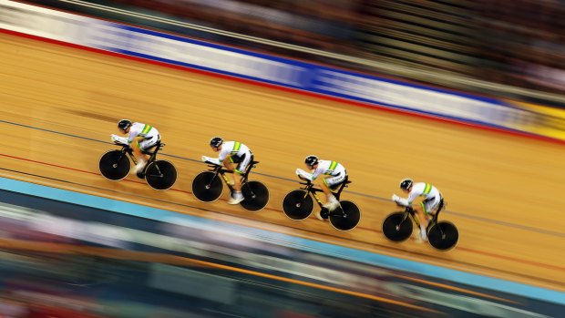 Ride on: Australia on track during qualifying for the men's team pursuit.