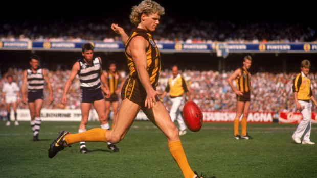 Dermott Brereton kicks for goal.