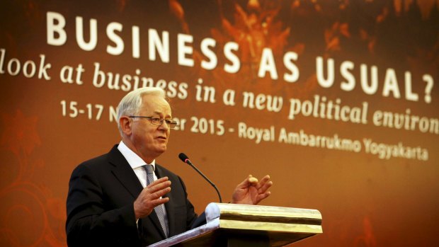 Minister for Trade Andrew Robb addresses a conference in Yogyakarta, Indonesia this week.