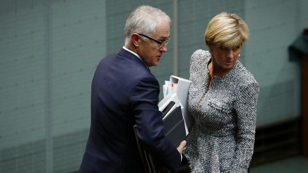 Prime Minister Malcolm Turnbull and Foreign Affairs Minister Julie Bishop depart question time on Wednesday.