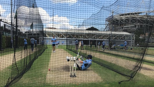 Australian captain Steve Smith batting in the SCG nets against his Test teammates Pat Cummins and Mitchell Starc.