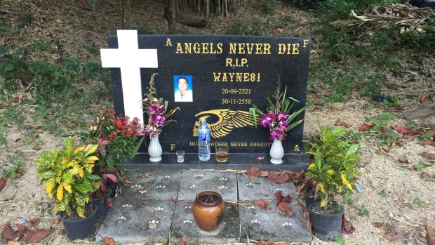 A commemorative stone for Wayne Schneider at the "Angel's Place" bar and Hells Angels members-only compound in Pattaya. Schneider was a top former member.