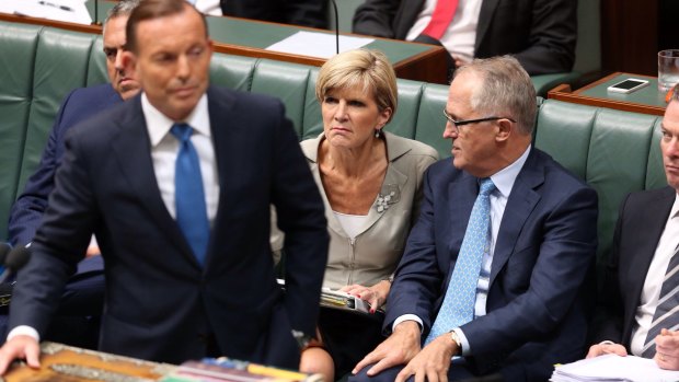 Prime Minister Tony Abbott, Julie Bishop and Malcolm Turnbull during question time last December. 