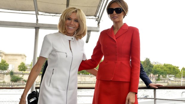 French First Lady Brigitte Macron, left, and US First Lady Melania Trump after a boat ride on the Seine river on Thursday.