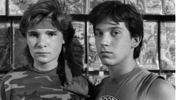Corey Feldman (L) with Jamison Newlander on the set of 'The Lost Boys' in 1987. 