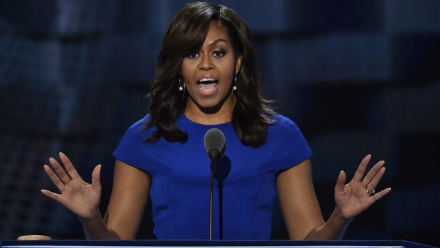 Michelle Obama speaks during the convention, a rare moment when the crowd was united in its adulation.