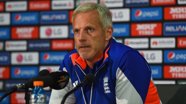 England coach Peter Moores talks to the media during a press conference after the match.