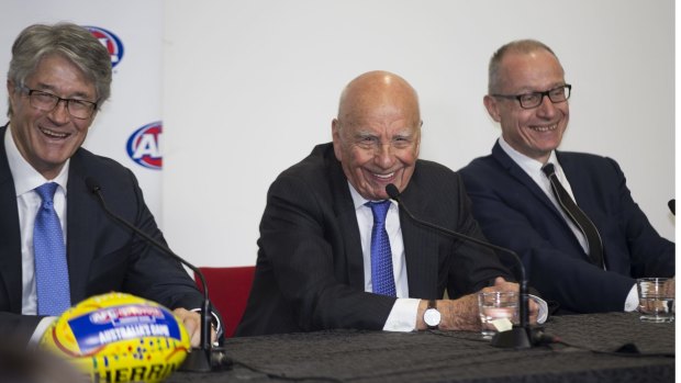 Mike Fitzpatrick, Rupert Murdoch and News Corp's Robert Thompson last August. 