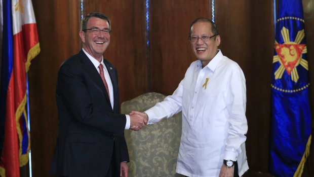 Philippine President Benigno Aquino, right, greets US Defence Secretary Ash Carter during his courtesy call in Manila last month.