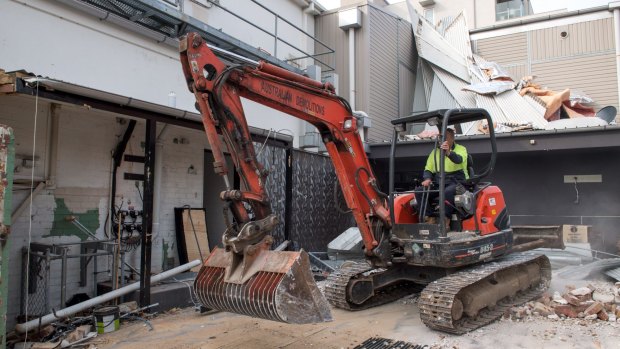 St Kilda's Greyhound Hotel under demolition on Thursday. 
