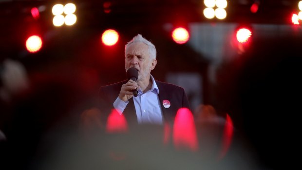 Labour Leader Jeremy Corbyn delivers a speech during an open air rally in Birmingham on June 6.