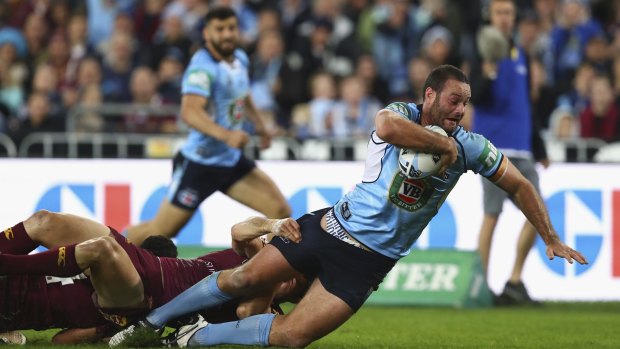 Beset by injuries: Boyd Cordner scores a try for NSW during game one of the State Of Origin series. Cordner is out for the rest of the NRL season.