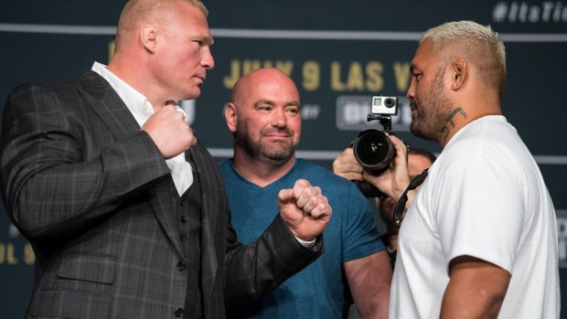Brock Lesnar and Mark Hunt face off during the UFC 200: Press Conference.