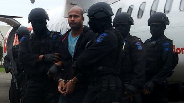 Executions delayed: Myuran Sukumaran arrives at Cilacap airport en route to Nusakambangan.