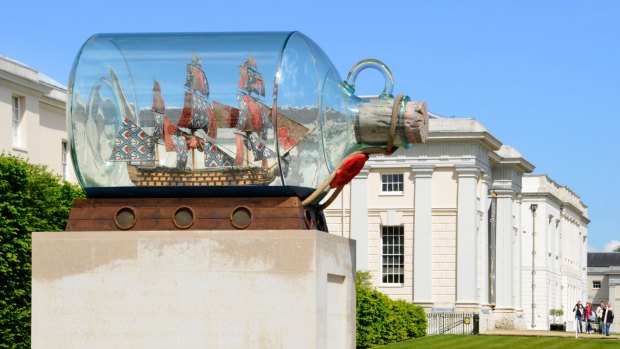 Nelson's Victory ship in a bottle by Yinka Shonibare relocated to the National Maritime Museum in Greenwich Park, South London. 