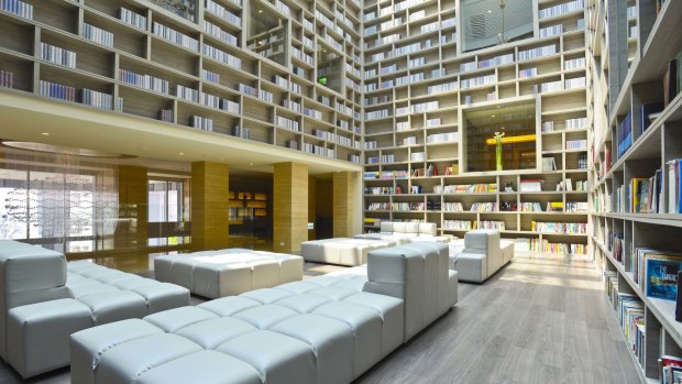 The Gaia Hotel's four-storey lobby's walls are lined with more than 4000 books.