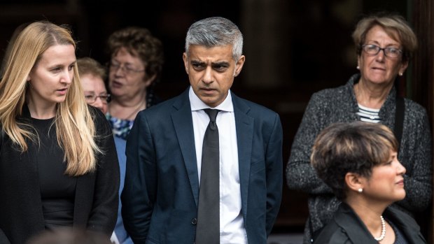 London mayor Sadiq Khan leaves the funeral of  Tony Disson, who died in the June 14 fire in Grenfell Tower.