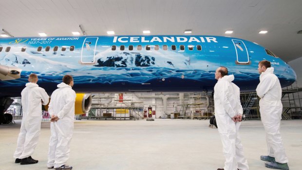 An Icelandair Boeing 757-200 with a new livery depicting the Vatnajokull glacier in Iceland.