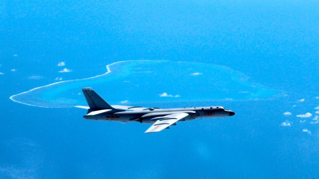 A Chinese H-6K bomber patrols islands and reefs in the South China Sea in 2017.