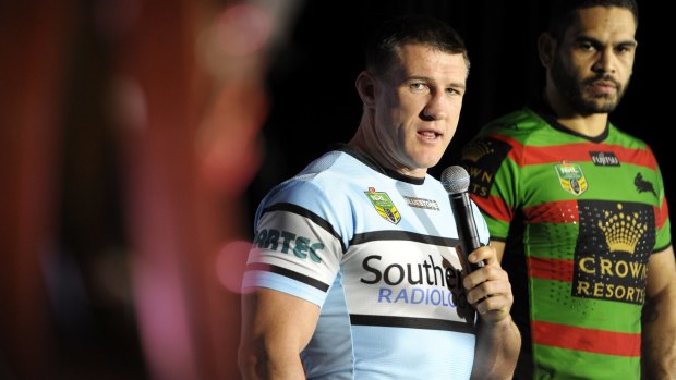 Paul Gallen of the Sharks speaks to the media during the 2015 NRL Finals series launch at Sydney Cricket Ground.  