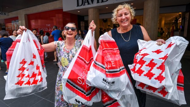 Melbourne shoppers Jenny Scott and Jannie Roney bag a bargain.