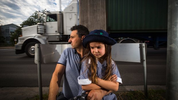 Wembley Primary School parent Con Lagos and daughter Ally, 6, on the corner of Francis Street and Wembley Avenue in Yarraville.