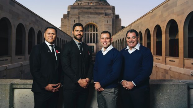 New Zealand and Australian Rugby League Coaches and Captains ahead of the Anzac Test in Canberra (L-R) David Kidwell, Jesse Bromwich, Cameron Smith and Mal Meninga.