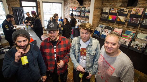 Ryan Harrington, Zach Powell, Todd McCulloch and Barry Russell at the opening of their new Fitzroy record store, Vinyl. 