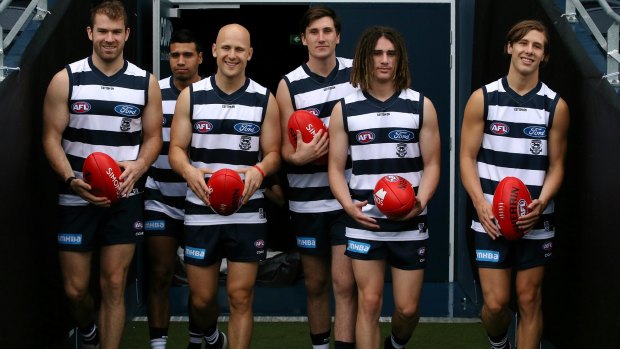 Stewart Crameri (left) with fellow Geelong recruits (L-R) Tim Kelly, Gary Ablett, Charlie Constable, Gryan Miers and Lachie Fogarty.